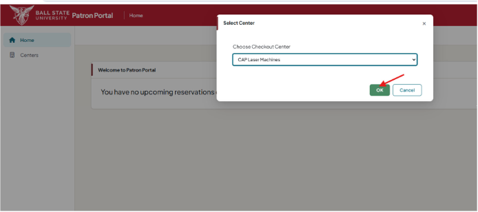 Checkout Center dialog with CAP Laser Machines selected and OK indicated