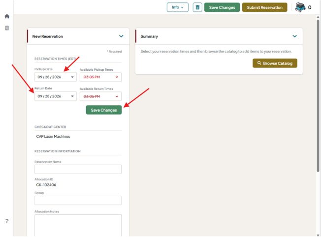 Reservation form with the appointment date and Save Changes highlighted