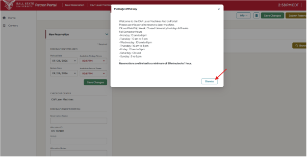 Message of the Day showing lab hours and the dismissal control