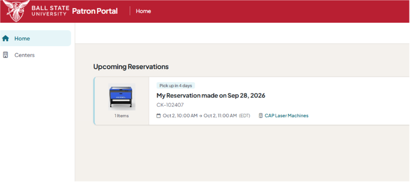 Patron Portal home showing an upcoming laser reservation