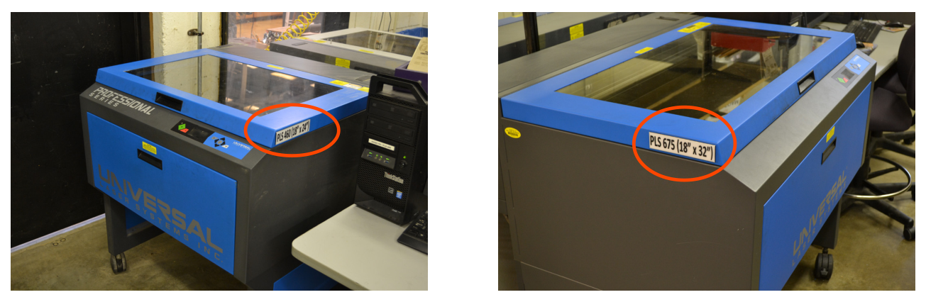 Two Universal laser cutters with their bed size labels circled in orange: PLS 460 at 18 by 24 inches and PLS 675 at 18 by 32 inches