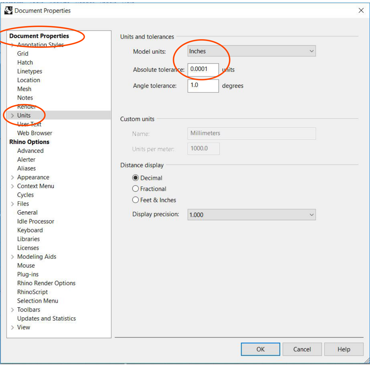 Rhino Document Properties dialog with Units selected in the left list and Model units set to Inches circled