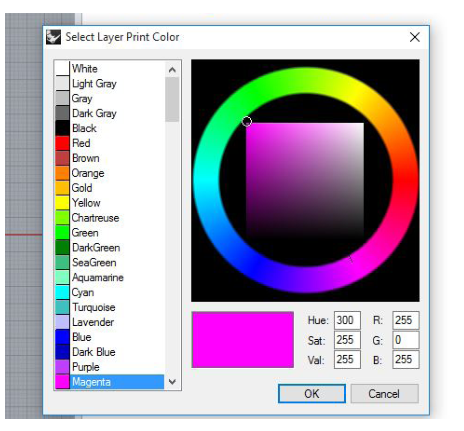Rhino Select Layer Print Color dialog with the color wheel and the R, G and B value fields