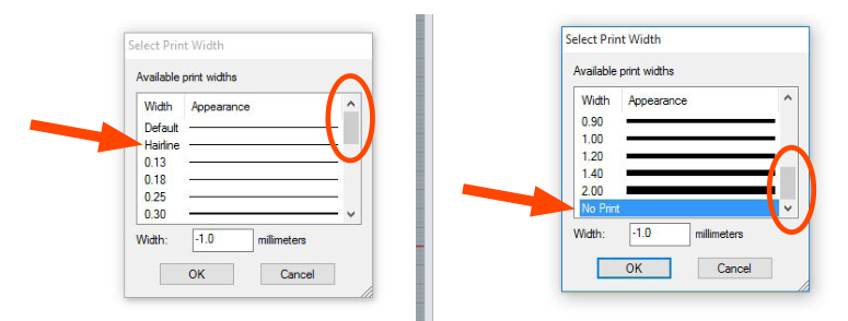 Two Select Print Width dialogs with red arrows pointing at the Hairline option and at the No Print option