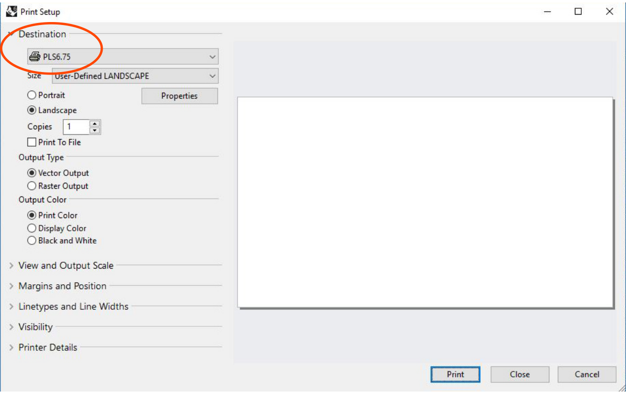 Rhino Print Setup window with the Destination dropdown set to PLS6.75 circled in orange