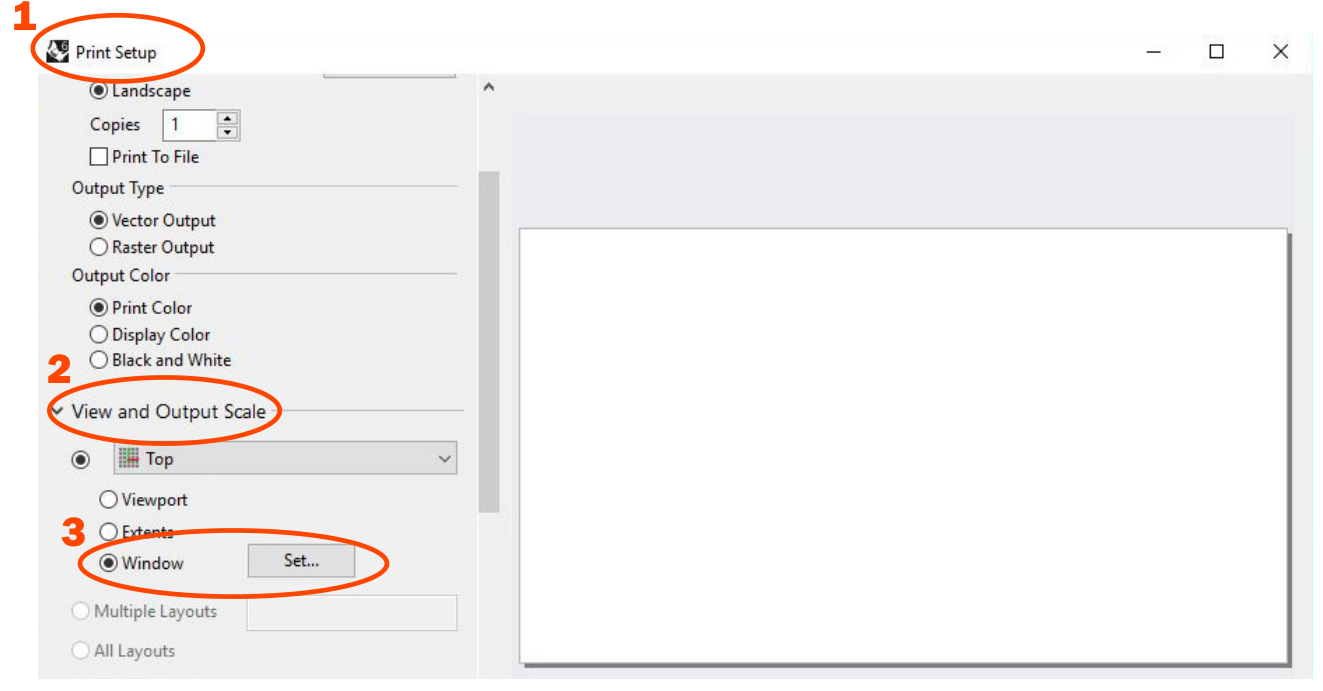 Rhino Print Setup with View and Output Scale expanded, the view set to Top, and the Window option with its Set button circled