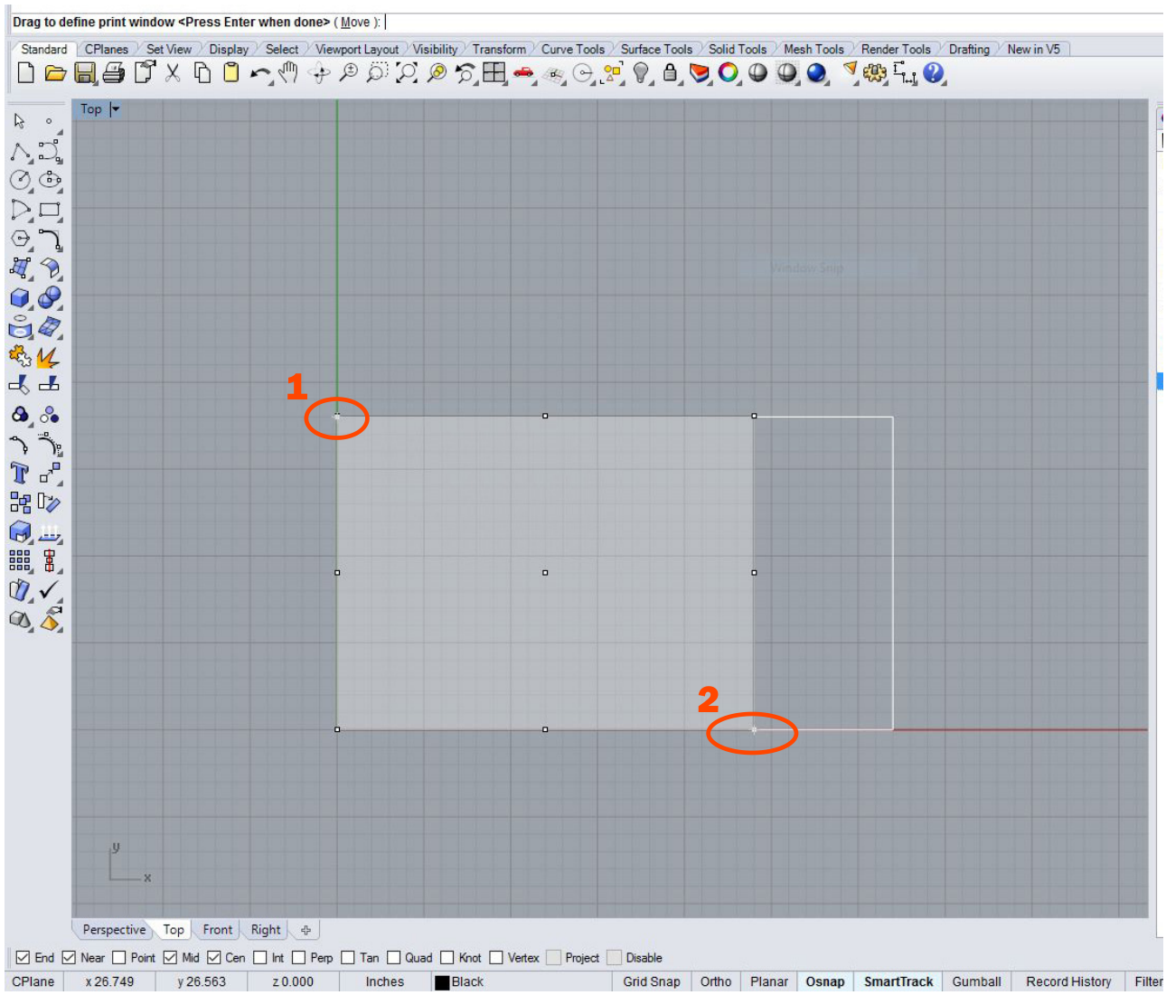 Rhino Top viewport with the print window being dragged, the corners snapped to the machine bed rectangle circled and numbered 1 and 2