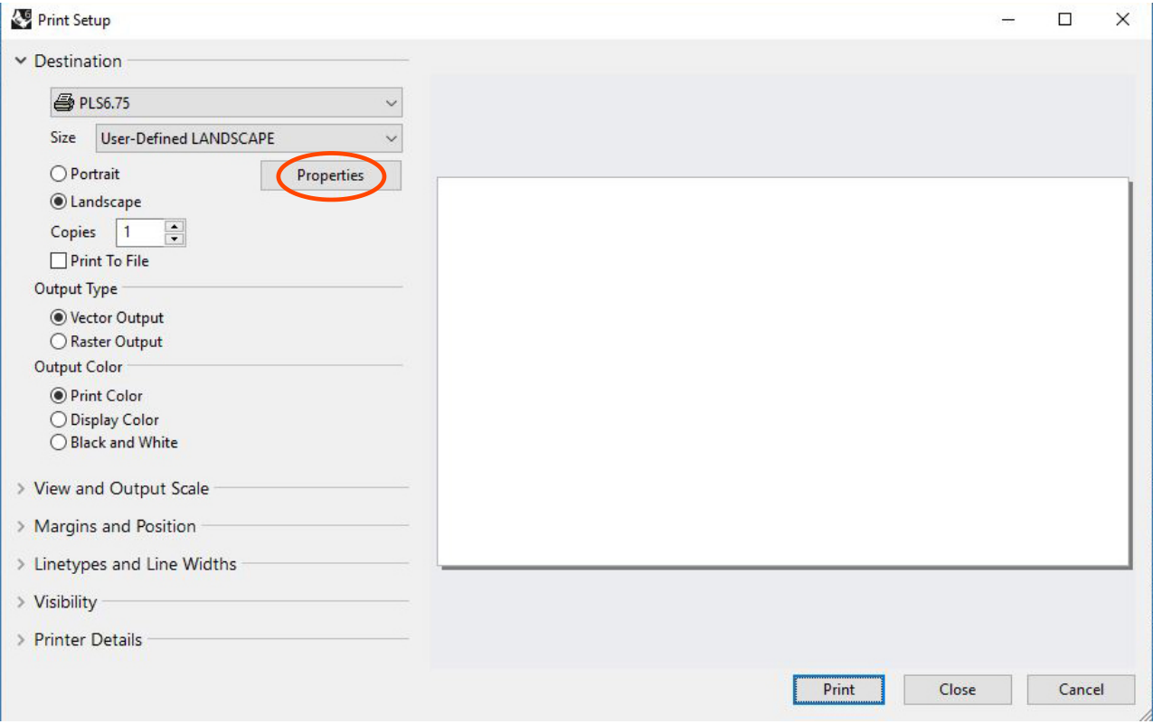 Rhino Print Setup window with the Properties button circled in orange