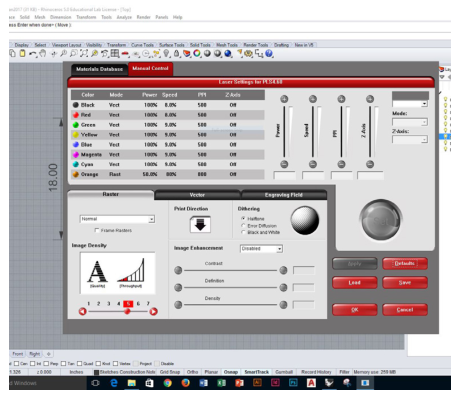 The standard Universal laser settings window opened over the Rhino window