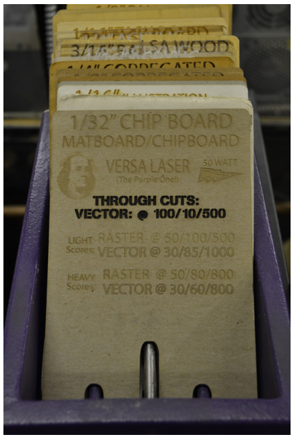 Close up of a 1/32 inch chipboard index card listing through cut, light scores and heavy scores vector and raster settings