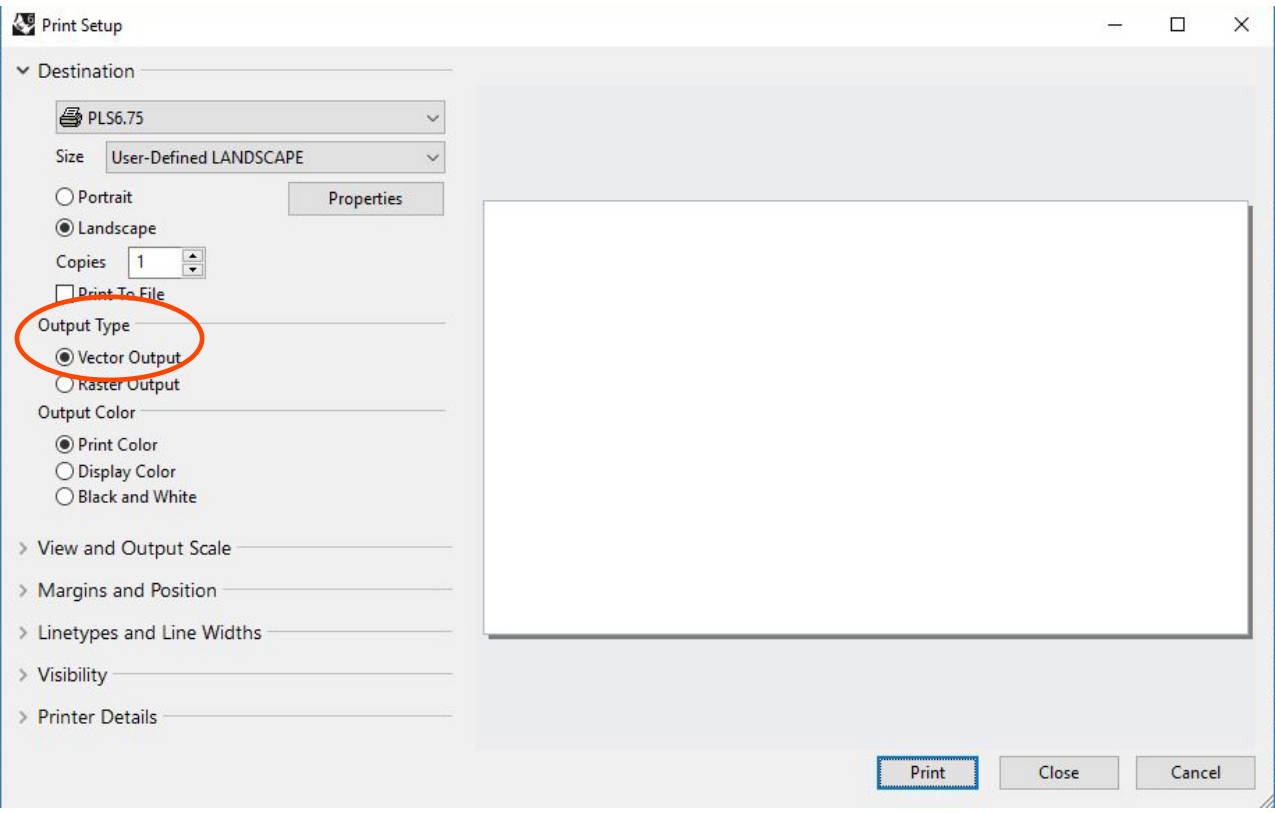 Rhino Print Setup window with the Output Type section and the Vector Output radio button circled in orange