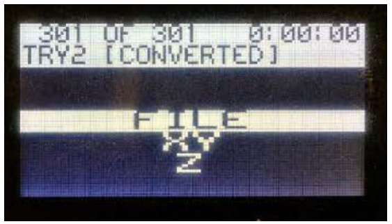 Laser cutter control panel screen showing 301 OF 301 and the converted file name