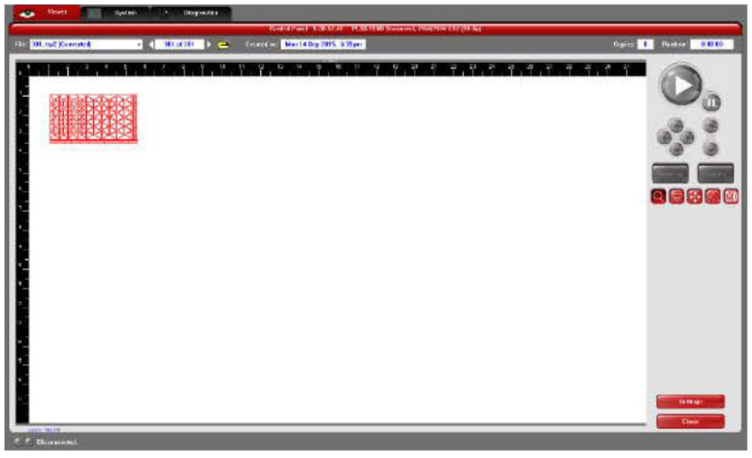 Universal Laser Systems Control Panel showing a virtual view of the laser cutter bed with the loaded file in red