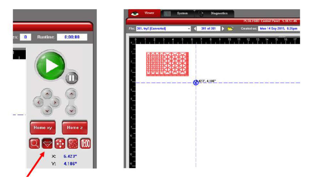 Control Panel button cluster with the Focus icon indicated by a red arrow, next to the virtual bed view showing the clicked focus location and its X and Y coordinates