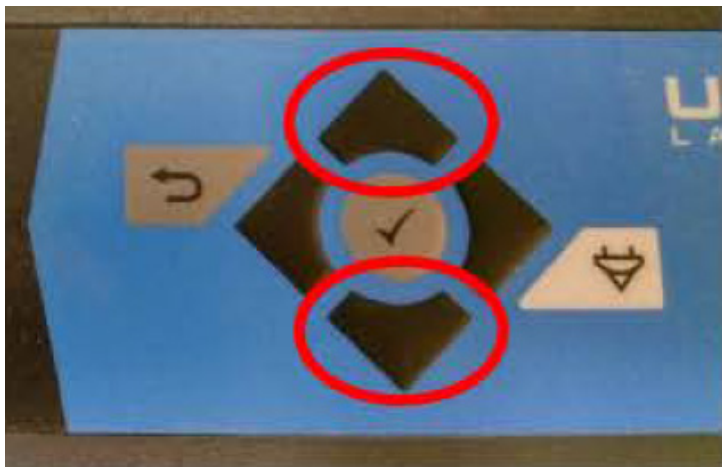 Laser cutter keypad with the UP and DOWN buttons circled in red around the center checkmark button